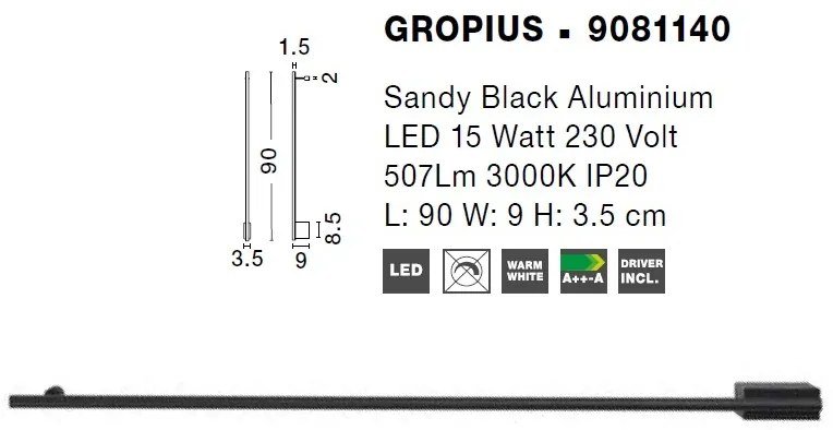 Aplica de perete LED design liniar GROPIUS negru, L-90cm, H-9cm