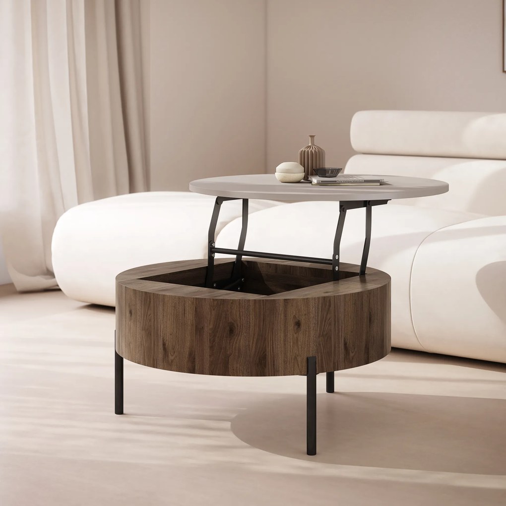 Mazzoni FRIDA Bej Taupe / Nuc Elegant – MĂSUȚĂ DE CAFEA MODERNĂ CU BLAT RABATABIL ȘI SPAȚIU DE DEPOZITARE