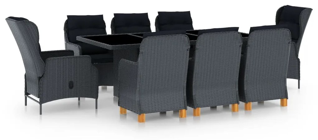 Set mobilier exterior cu perne, 9 piese, gri închis, poliratan