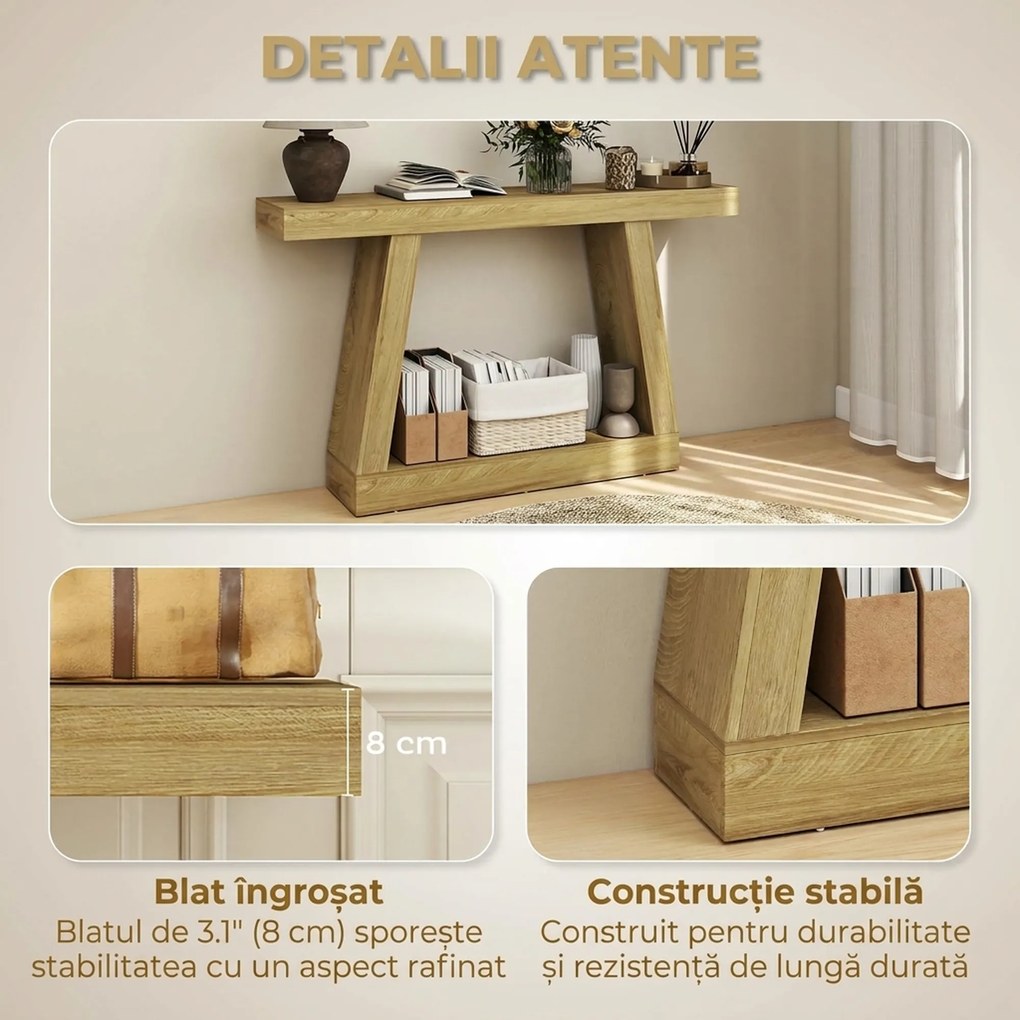HOMCOM Masă Consolă 140 cm, Retro Canapea cu Spațiu de Depozitare, Stejar. | Aosom Romania
