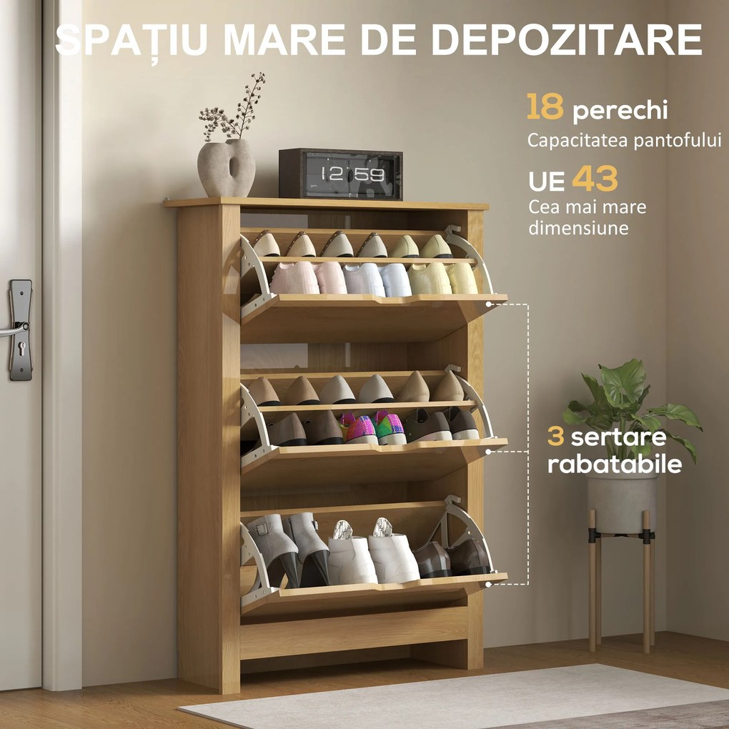 HOMCOM Dulap Slim pentru 18 Pantofi, 3 Sertare cu 2 Rafturi Reglabile Lemn | Aosom Romania