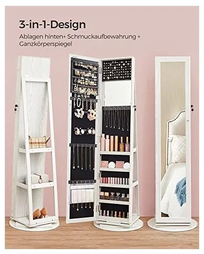 Dulap de bijuterii cu blocare, Songmics, Oglinda, JBC62W, 38 x 161 x 38 cm
