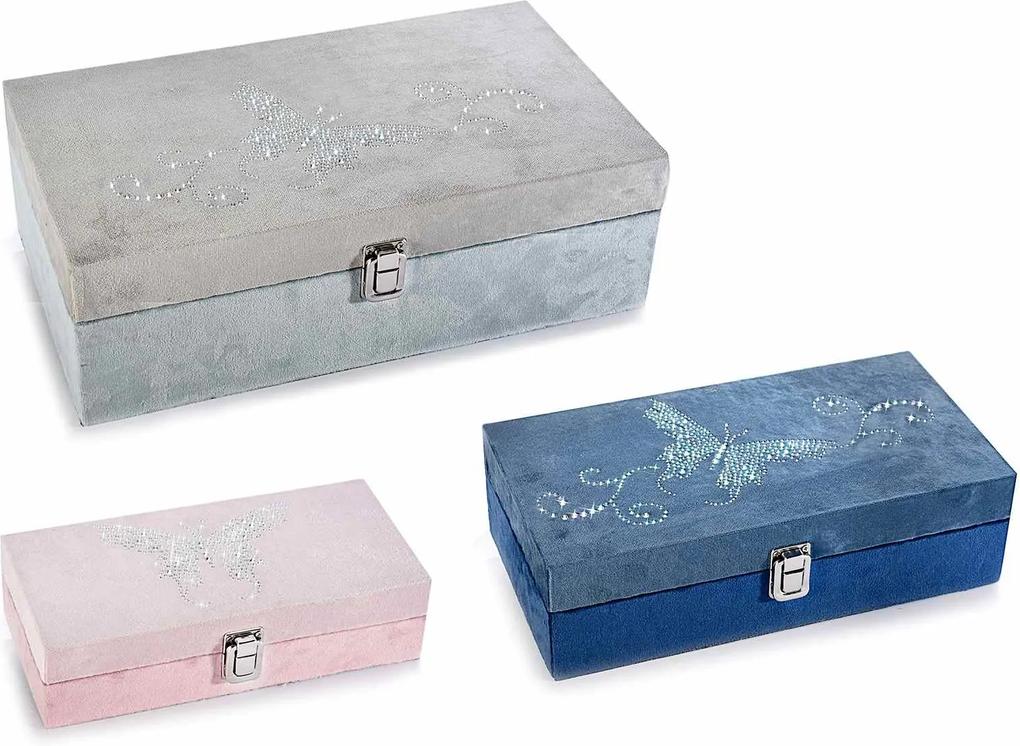 Set 3 casete bijuterii din catifea gri albastra roz 34 cm x 19.5 cm x 11 h