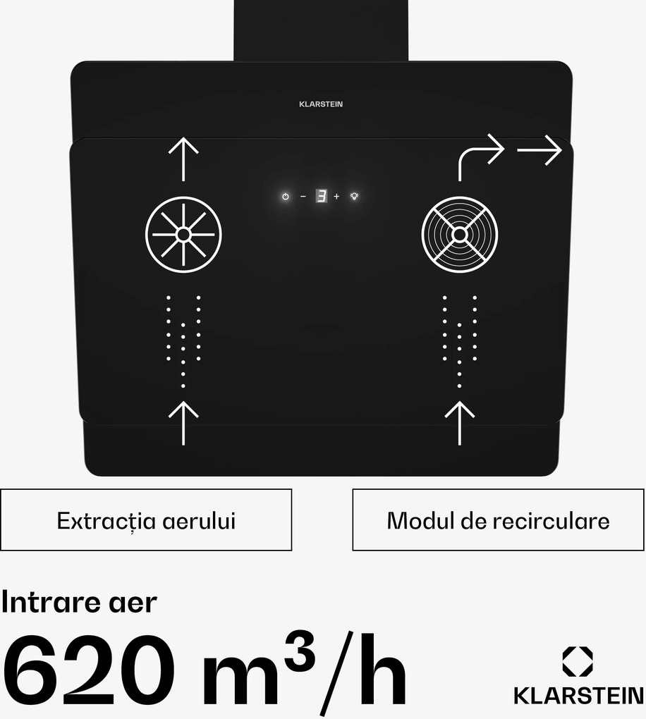 Klarstein Aurica 60, hotă de aburi, 165 W, 3 nivele, 607 m³/h, LED, sticlă, neagră