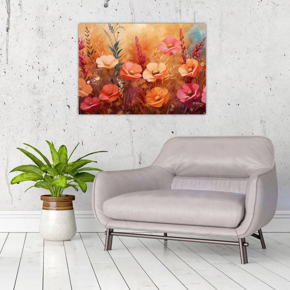 Tablou pe sticlă - Flori de pajiște, pictură (70x50 cm)