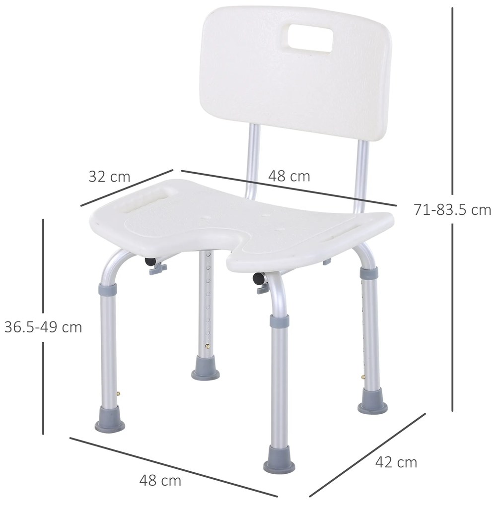 HOMCOM Scaun de Duș Reglabil pe 8 Nivele cu Orificii de Drenaj și Șezut în Formă de U, 48x42x71-83,5 cm, Alb | Aosom Romania