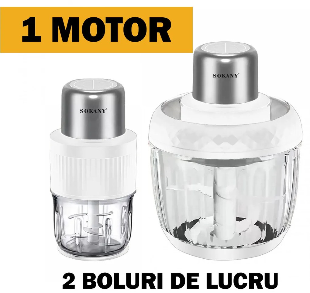 Tocator electric 2 in 1, Sokany SK-YM-7032, 4 lame din otel inoxidabil de inalta calitate, motor puternic 800 W, 3L, recipient din Sticla, Alb