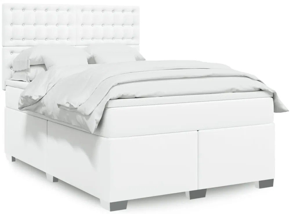 vidaXL Pat box spring cu saltea, alb, 140x190 cm, piele ecologică