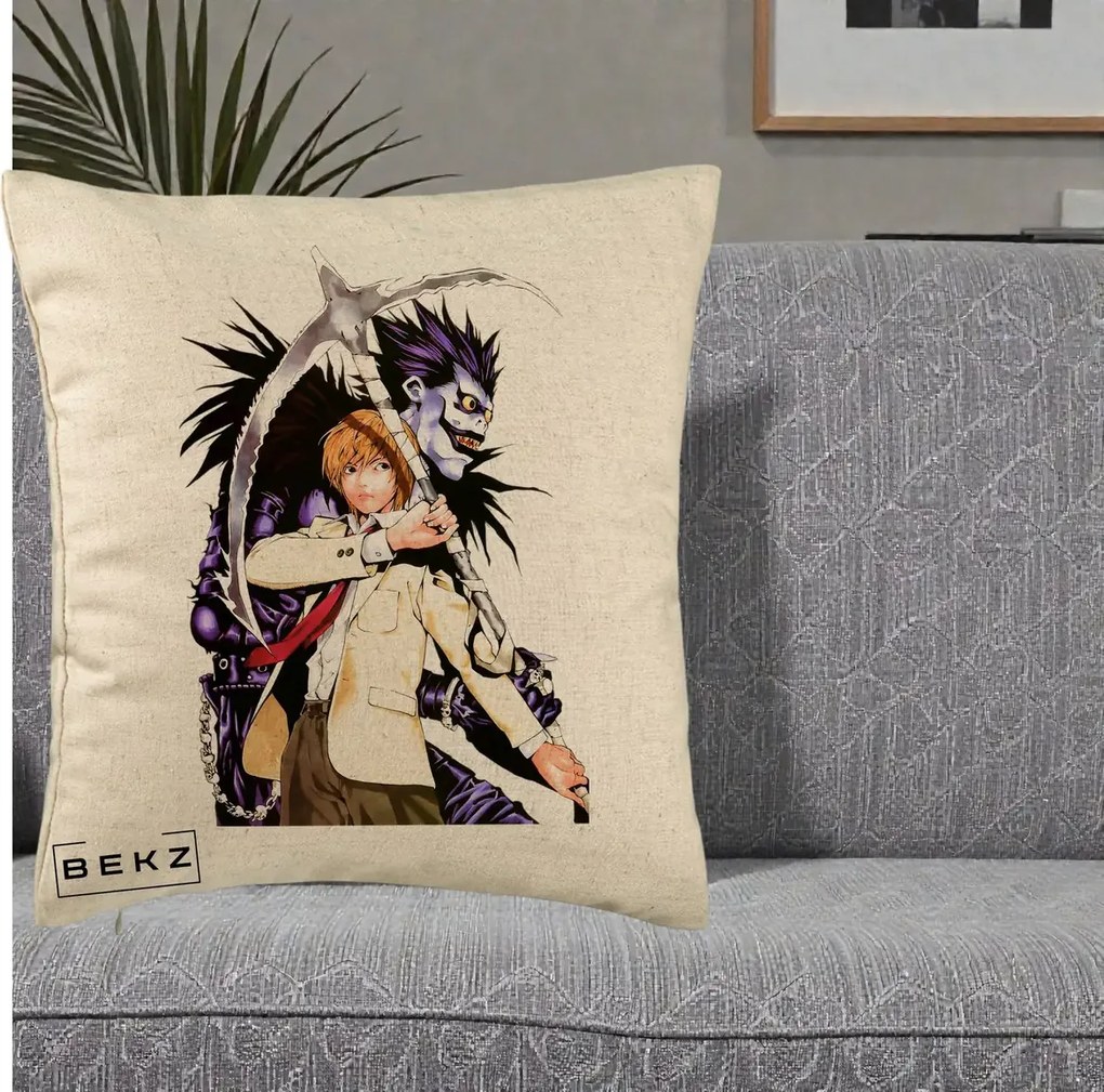 Perna Personalizata Death Note Light si Ryuk Duo, 40x40 cm, Bej, Husa Detasabila, Perna Inclusa, BEKZ®