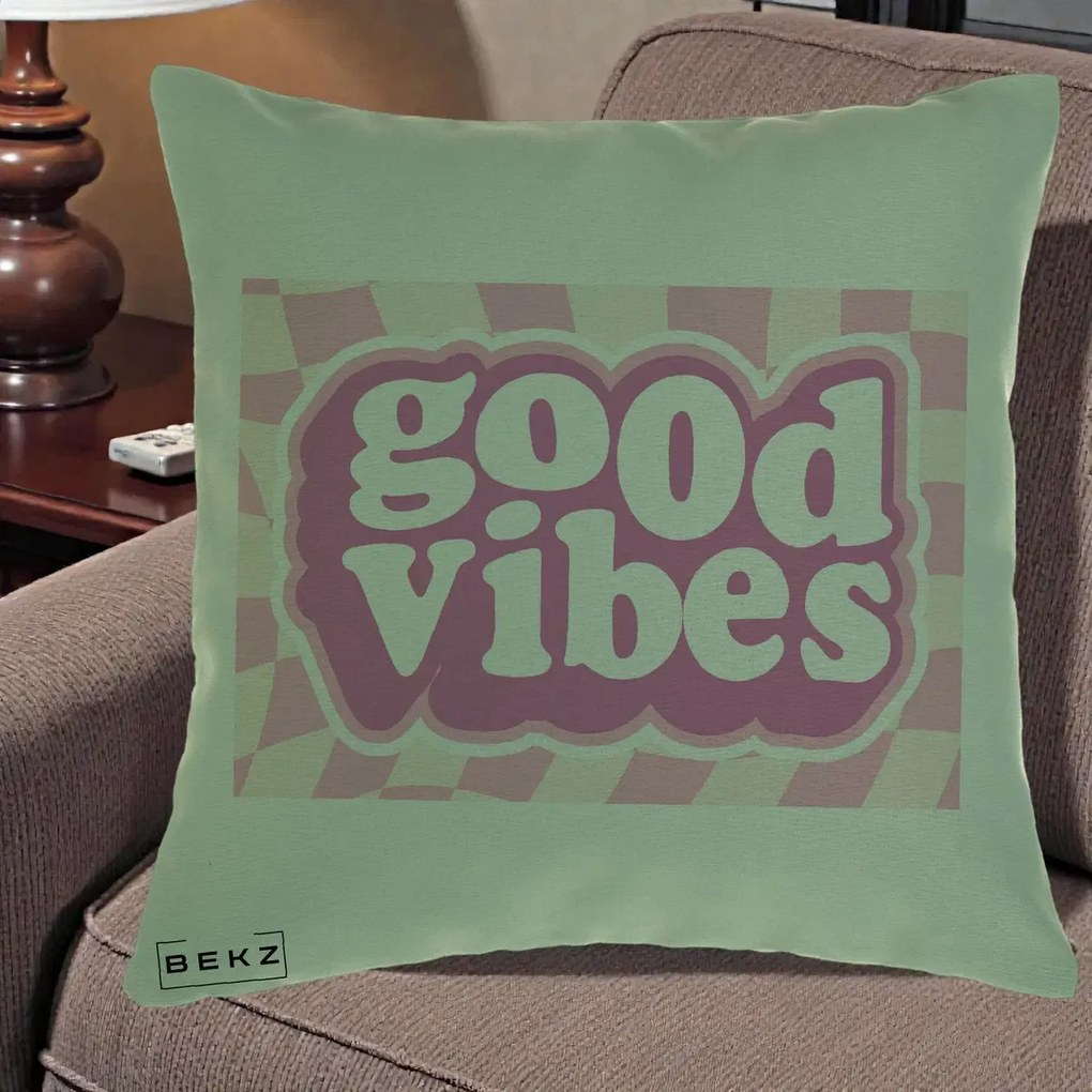 Perna Decorativa Good Vibes Retro Roz, 40x40 cm, Verde, Husa Detasabila, Perna Inclusa, BEKZ®