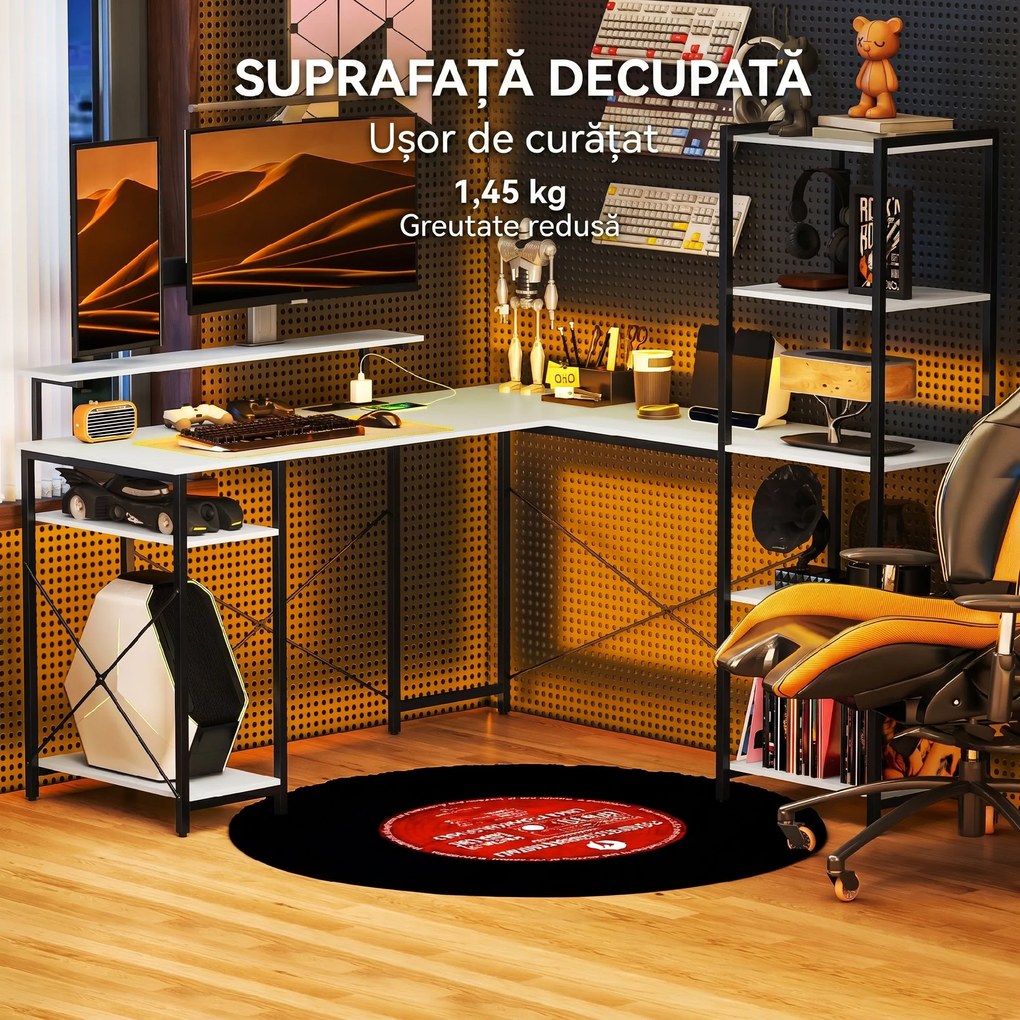 HOMCOM Birou de Colț pentru Computer în Formă de L cu Bibliotecă, 137x140x139,5 cm, Negru | Aosom Romania