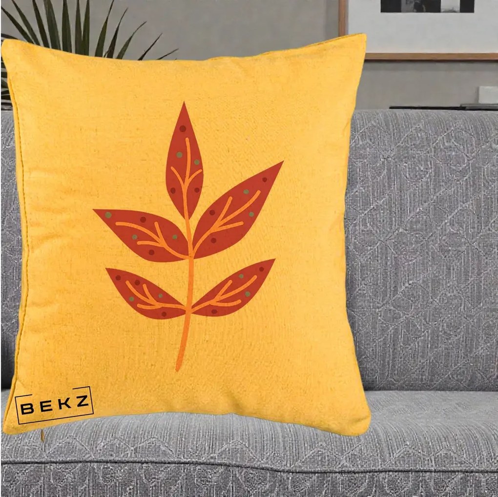 Perna Decorativa Ramura Botanica Mov, 40x40 cm, Galben, Husa Detasabila, Perna Inclusa, BEKZ®