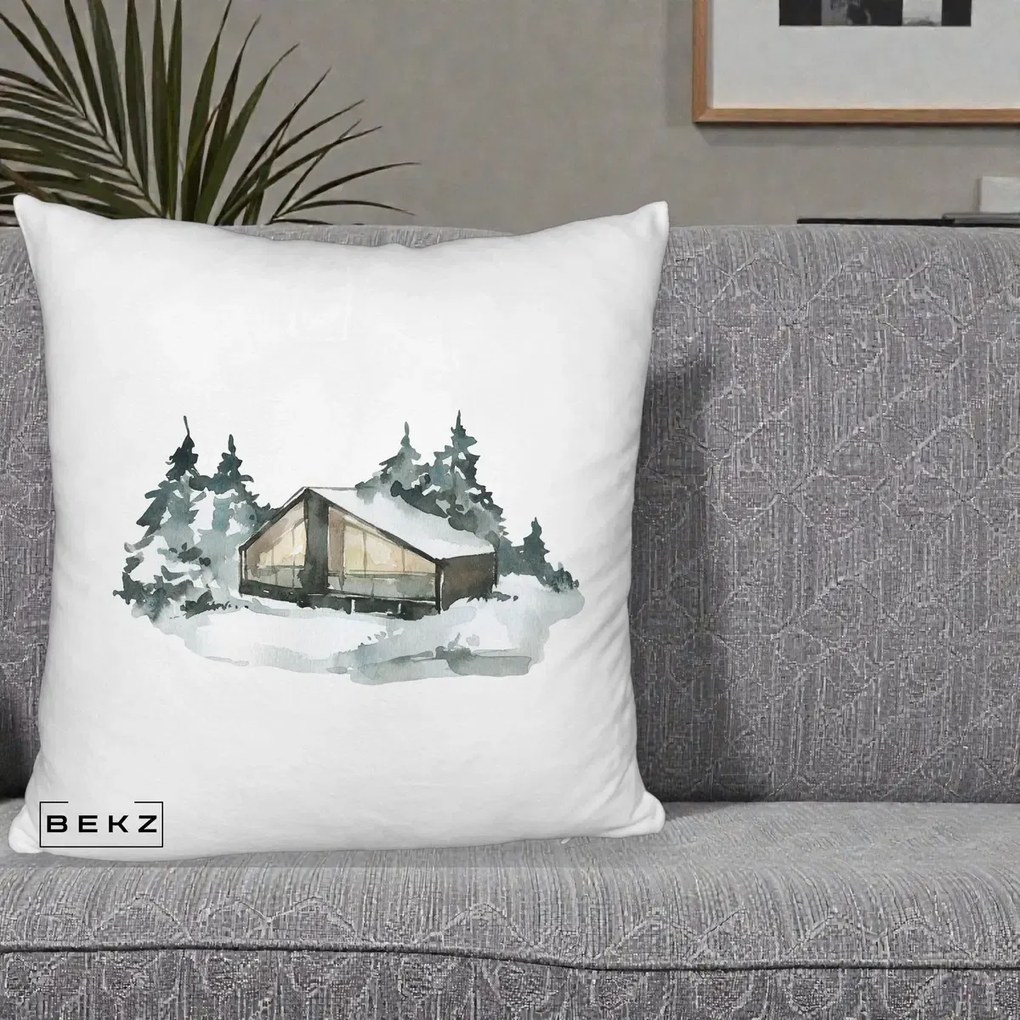 Perna Decorativa Cabana de Iarna in Padure, 40x40 cm, Alb Pufos, Husa Detasabila, Perna Inclusa, BEKZ®