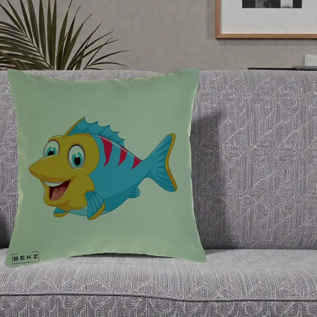Perna Decorativa Peste Vesel Cartoon, 40x40 cm, Verde, Husa Detasabila, Perna Inclusa, BEKZ®