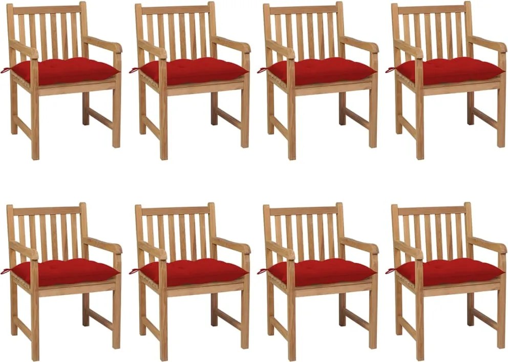 vidaXL Scaune de grădină cu perne roșii, 8 buc., lemn masiv de tec