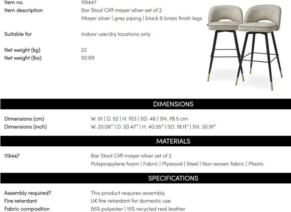 Set de 2 scaune bar design LUX Cliff, Mayer silver