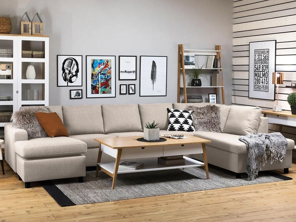 Colțar Scandinavian Choice C157Beige, Negru, 344x199x80cm, Picioare: Plastic