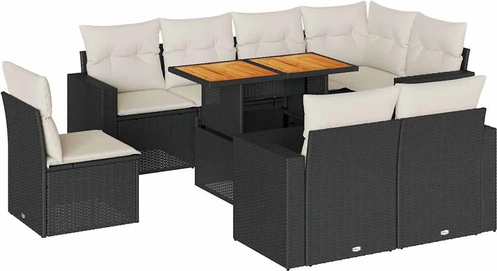 vidaXL Set mobilier de grădină cu perne, 9 piese, negru, poliratan