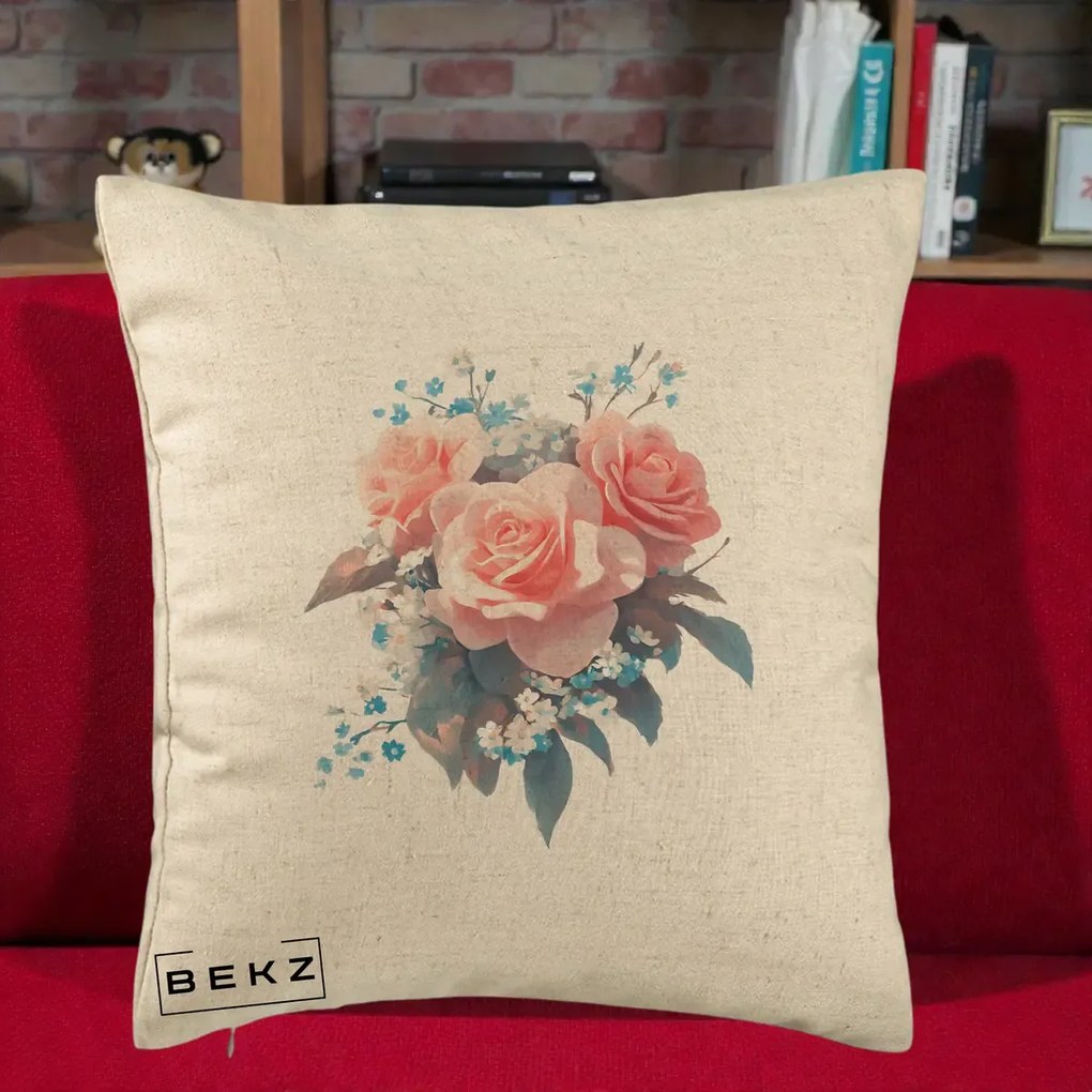 Perna Decorativa Trandafiri Roz cu Floricele Albastre, 40x40 cm, Bej, Husa Detasabila, Perna Inclusa, BEKZ®