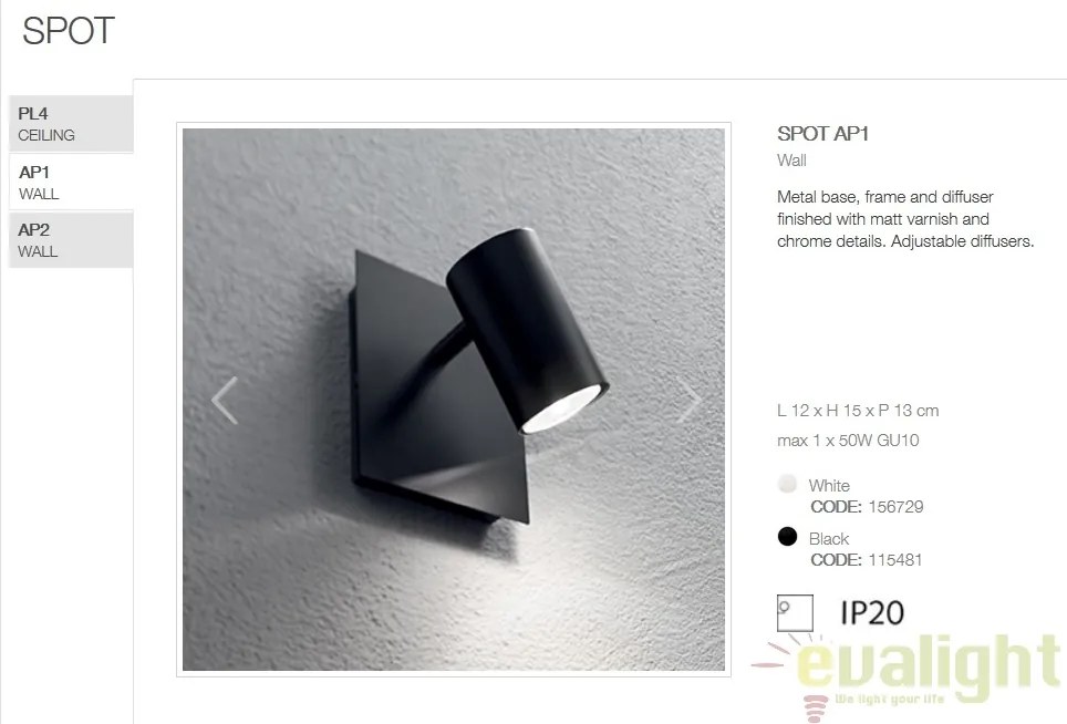 Aplica perete design modern minimalist SPOT AP1 neagra 115481