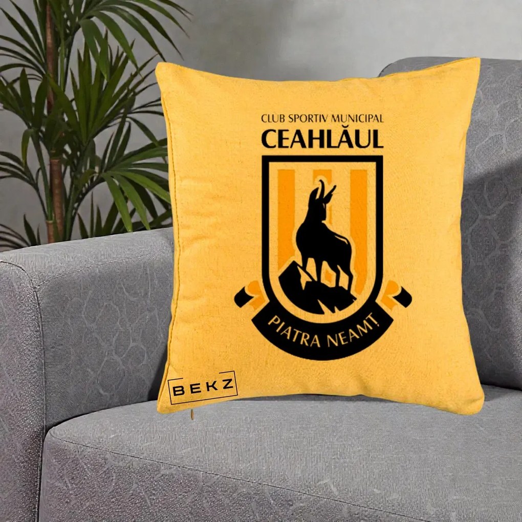 Perna Personalizata CSM Ceahlaul Piatra Neamt Fotbal, 40x40 cm, Galben, Husa Detasabila, Perna Inclusa, BEKZ®
