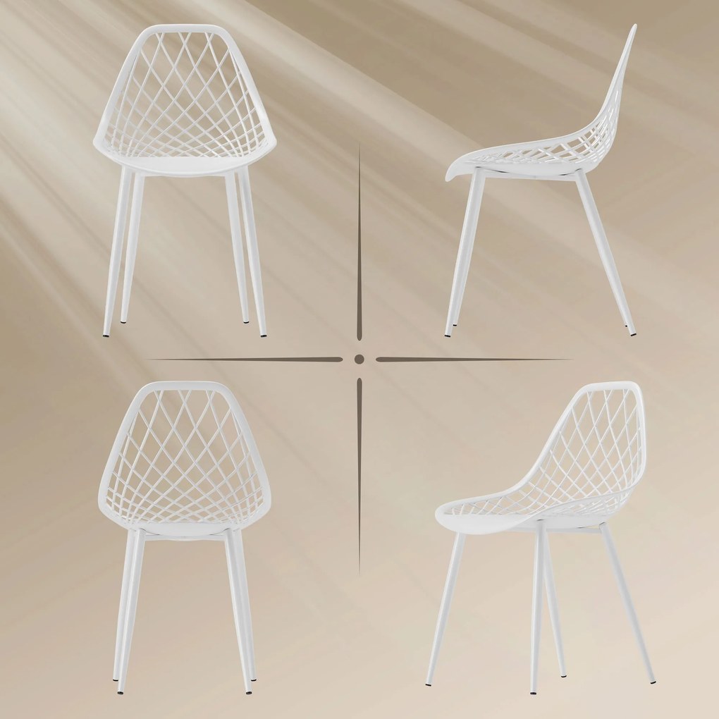 HOMCOM Set 4 Scaune Moderne cu Spătar Perforat din Plastic și Metal Alb | Aosom Romania