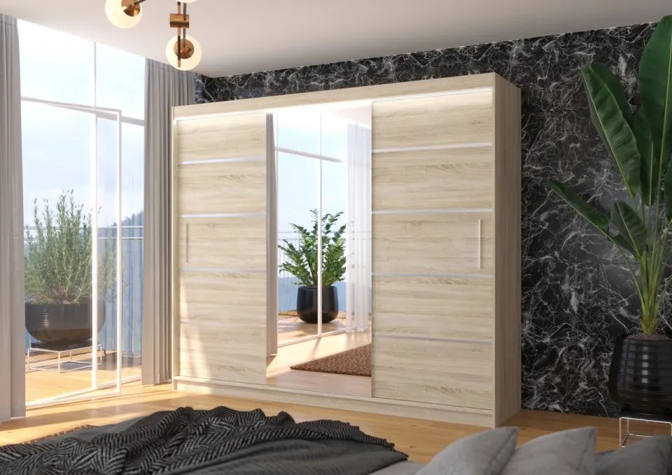 Dulap cu usi glisante si oglinda + iluminare LED, Salto 250 + LED, 250 cmx215cmx58 cm, ADRK Furniture (Culoare: Sonoma)