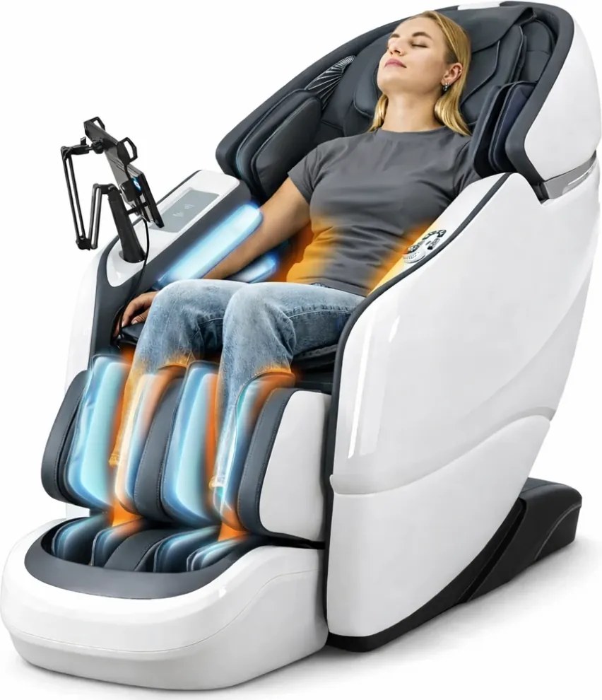 Fotoliu de masaj ZEENA INFINITY PRO, AI voce, Incalzire, Bluetooth, Zero Gravity SL-Track Shiatsu, Joystick și suport pentru telefon, Controler rapid cotiera, 2 Boxe, Moduri Automate, Suport Picioare extensibil, Piele PU Premium, Alb/Gri