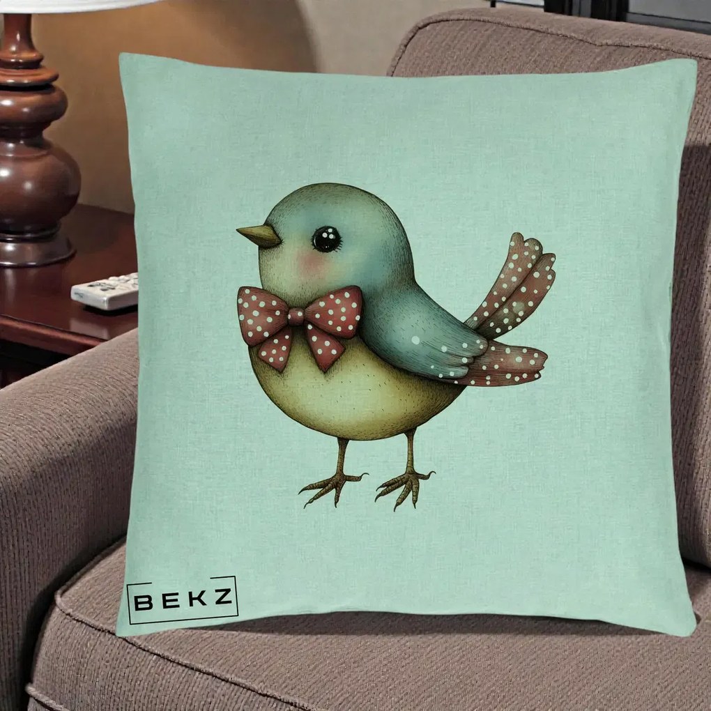 Perna Decorativa Pasare Bleu cu Fundita Rosie, 40x40 cm, Verde Menta, Husa Detasabila, Perna Inclusa, BEKZ®