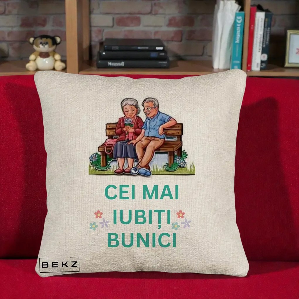 Cadou pentru Bunici - Perna Personalizata Cei Mai Iubiti Bunici Cuplu pe Banca Ilustratie, 40x40 cm, Bej Canapea, Husa Detasabila, Perna Inclusa, BEKZ®