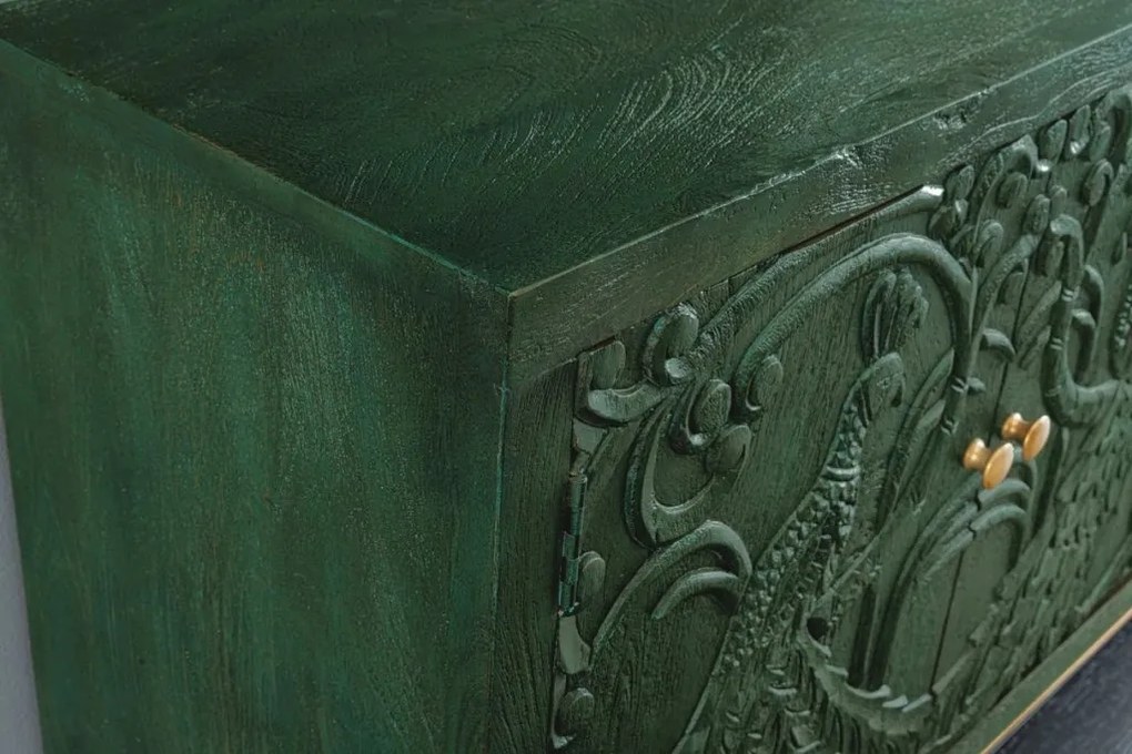 Comoda PEACOCK 175cm lemn de mango verde sculptat 3D cu design paun