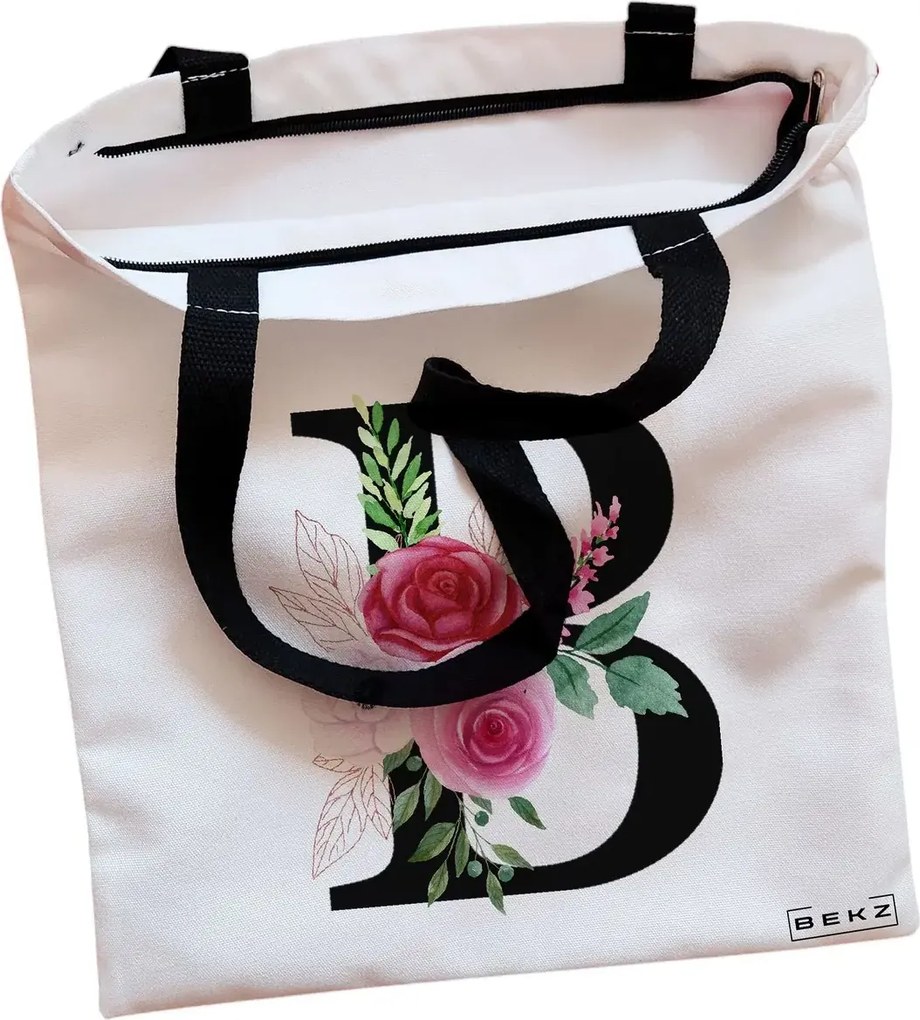 Sacosa de Panza pentru Cumparaturi, Geanta Tote, Cu litera B si Trandafiri, Cu fermoar, 38x34.5 cm, Alba, BEKZ®