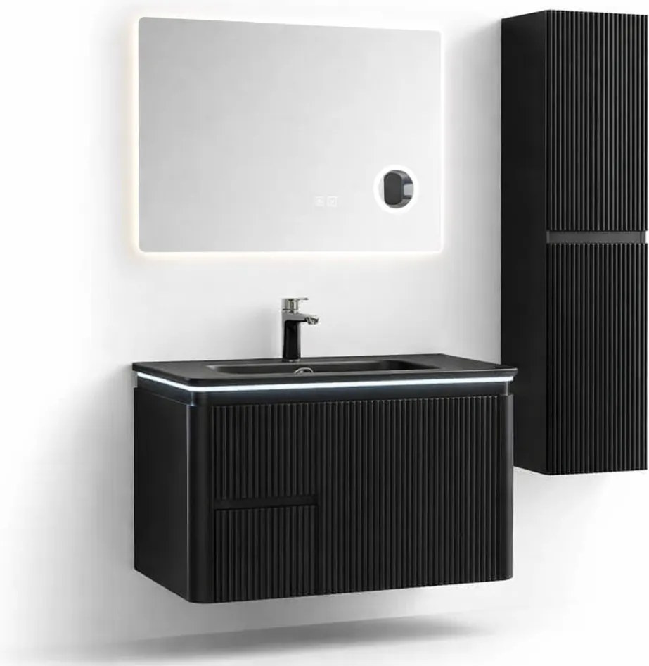 Set Mobilier Baie Cappadocia Riflat 80 cm negru mat, oglinda 70 sau 80 cm cu LED, dezaburire si lupa, lavoar ceramic, soldat inclus. 70 CM
