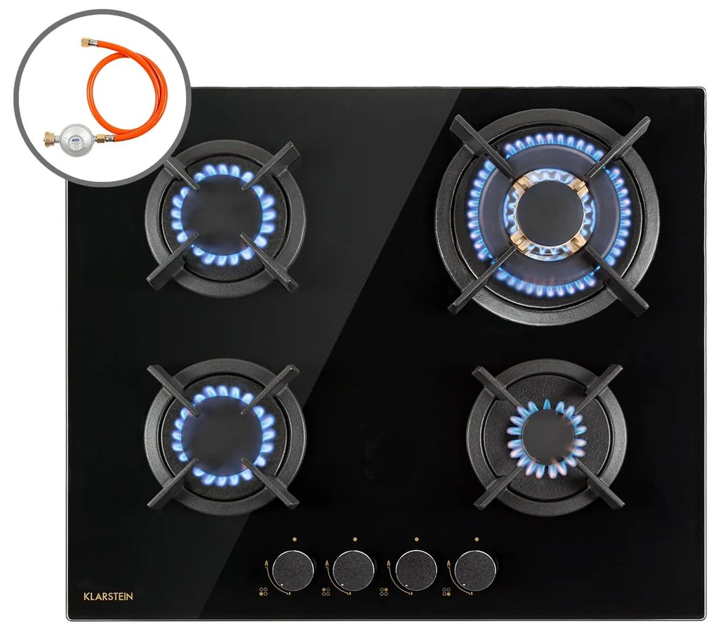 Goldflame 4, plită pe gaz, 4 arzătoare din aramă, ceramică din sticlă, negru