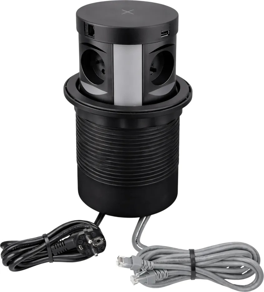 Priza incorporabila in blat Multi Box Design Light, 4 prize Schuko, USB A + C, 2 x RJ45, incarcator wireless, negru, D:120 mm Negru, L:120 mm; l:120
