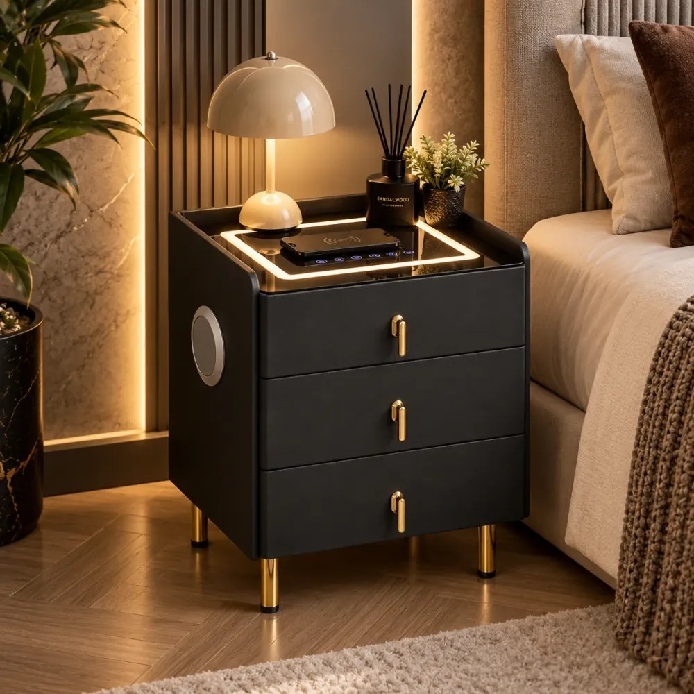LIVÉA— Noptieră inteligentă cu încărcare Wireless, Bluetooth Stereo, iluminare RGB, USB + Type-C, Negru