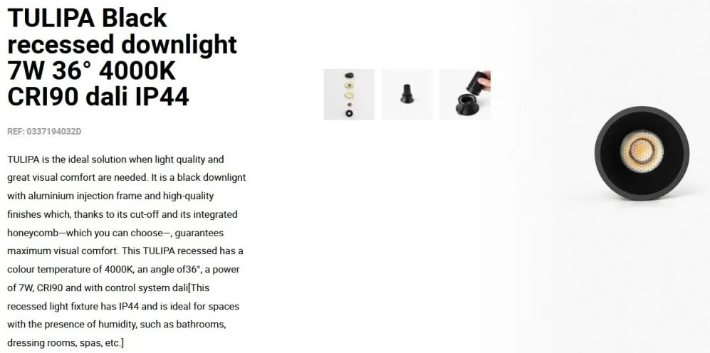 Spot LED incastrabil TULIPA Black recessed downlight 7W 36° 4000K CRI90 dali IP44
