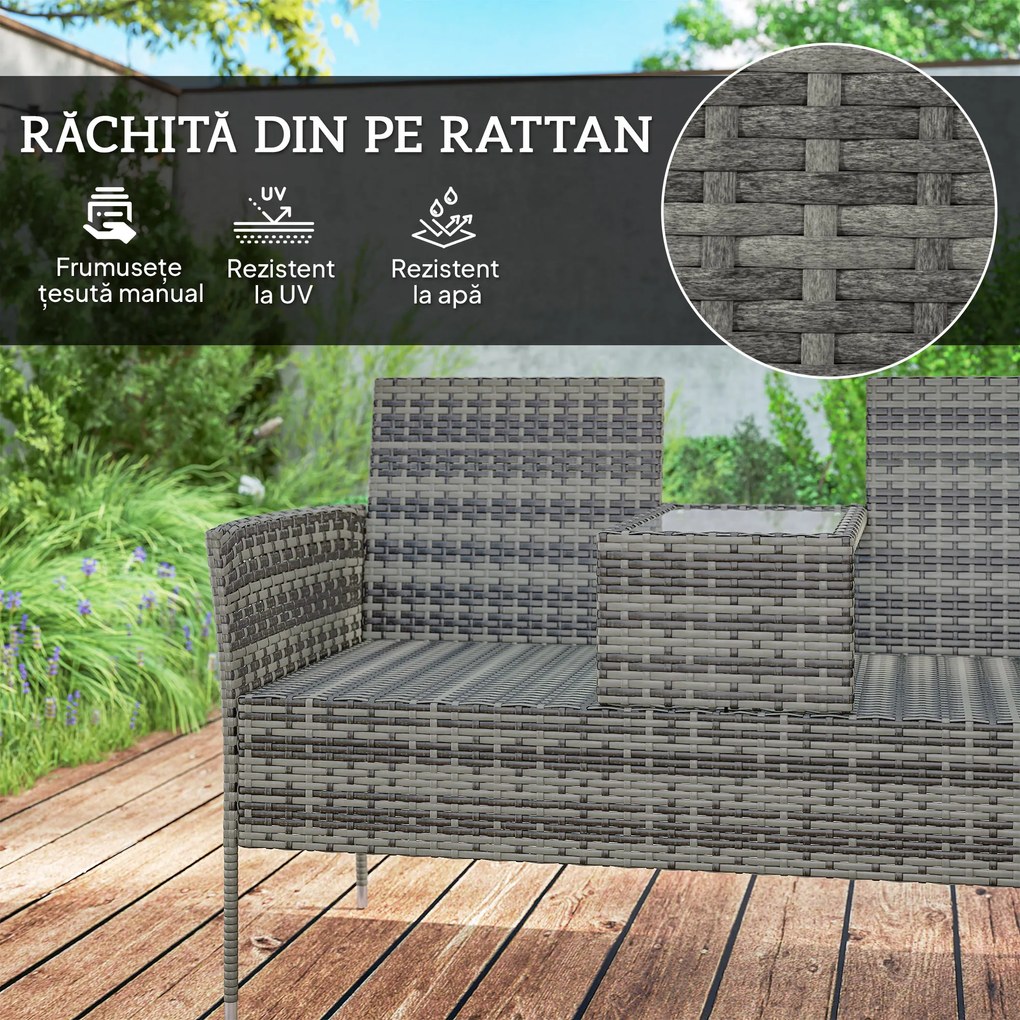 Outsunny Bancă de Grădină cu 2 Locuri din Rattan și Oțel, Bancă de Exterior cu Perne și Măsuță Centrală cu Blat din Sticlă Securizată, 135x64x81 cm, Gri Închis | Aosom Romania