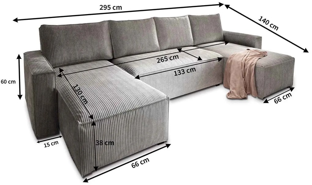 Coltar in forma de U SMART COSARO 295x140 cm, gri deschis