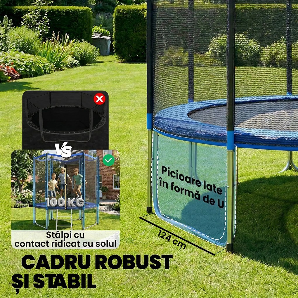 SPORTNOW Trambulină Elastică pentru Adulți Ø244cm, Covor Elastic pentru Adulți cu Plasă de Protecție, Scară cu 2 Trepte, Protecție pentru Arcuri, Structură din Oțel, Capacitate 100kg, Albastru | Aosom Romania