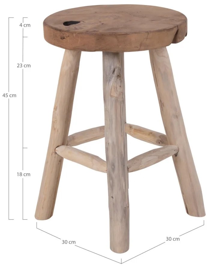Taburet Badia, lemn de tec, natural, 4 picioare 30x45 cm
