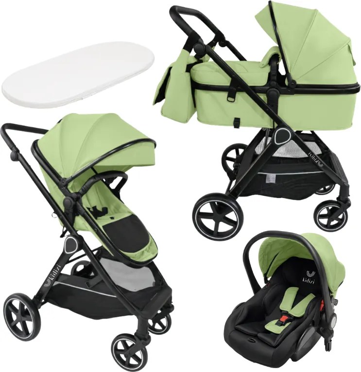 Carucior copii 3 in 1 Kidizi Moveo verde, landou transformabil in parte sport, scoica auto R129, cadru black, pana la 22 kg (0–4 ani), saltea si geanta incluse