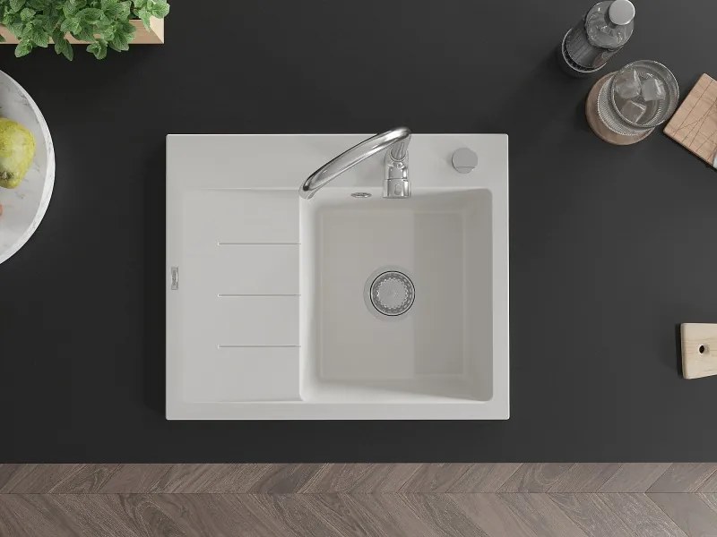 Mexen Ben chiuvetă de granit cu 1 cuvă, cu scurgător, dreapta, 600 x 500 mm, albă, sifon cromat - 6523605000-20