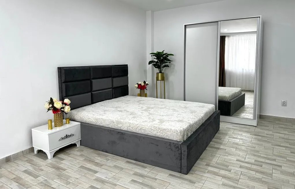 Dormitor Roma, culoare gri / alb, cu pat Roma 160 x 200 cm, dressing Erika si 2 noptiere Viena
