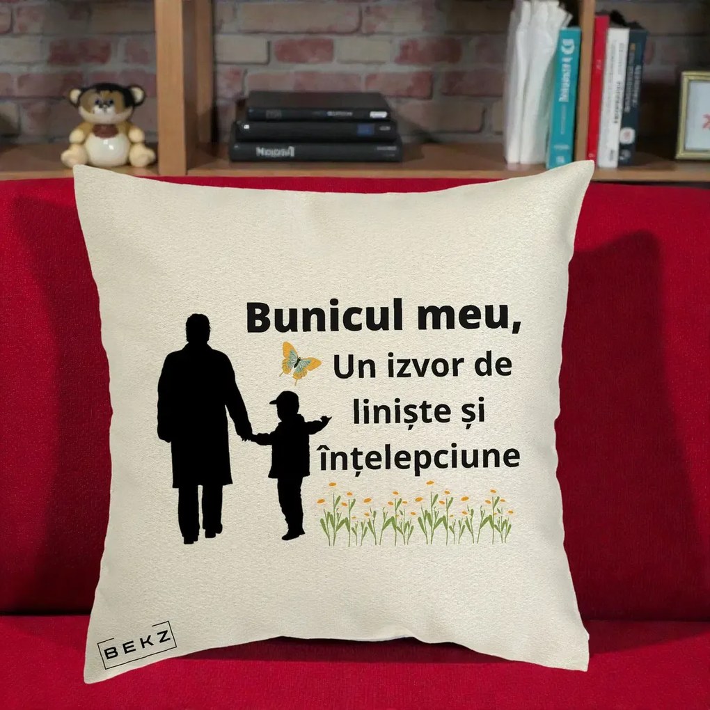 Cadou pentru Bunic - Perna Personalizata Bunicul Meu Izvor de Liniste cu Fluture si Baietel, 40x40 cm, Ecru, Husa Detasabila, Perna Inclusa, BEKZ®
