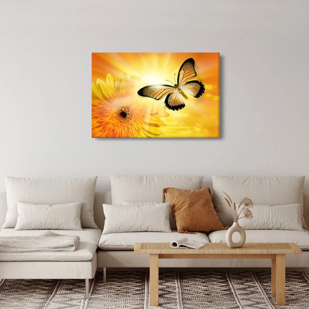 Tablou - Fluture galben cu flori (90x60 cm)