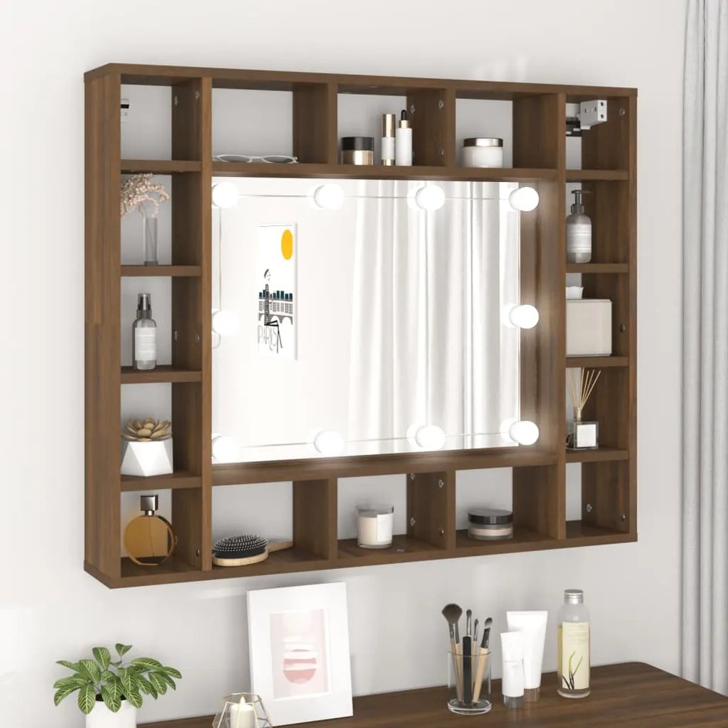 820450 vidaXL Dulap cu oglindă și LED, stejar maro, 91x15x76,5 cm