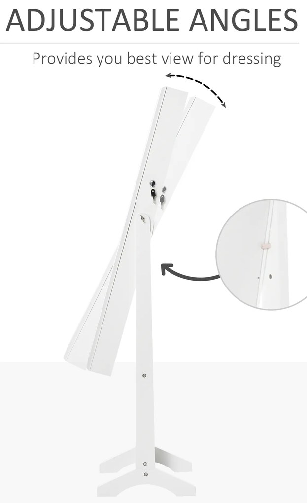 HOMCOM Oglindă Portbijuterii, Dulap Portbijuterii cu Unghi Reglabil, Organizator pentru Inele, Coliere, Cercei, Încuietoare cu Cheie, pentru Dormitor, Living, 46x36.5x151.5cm, Alb | Aosom Romania