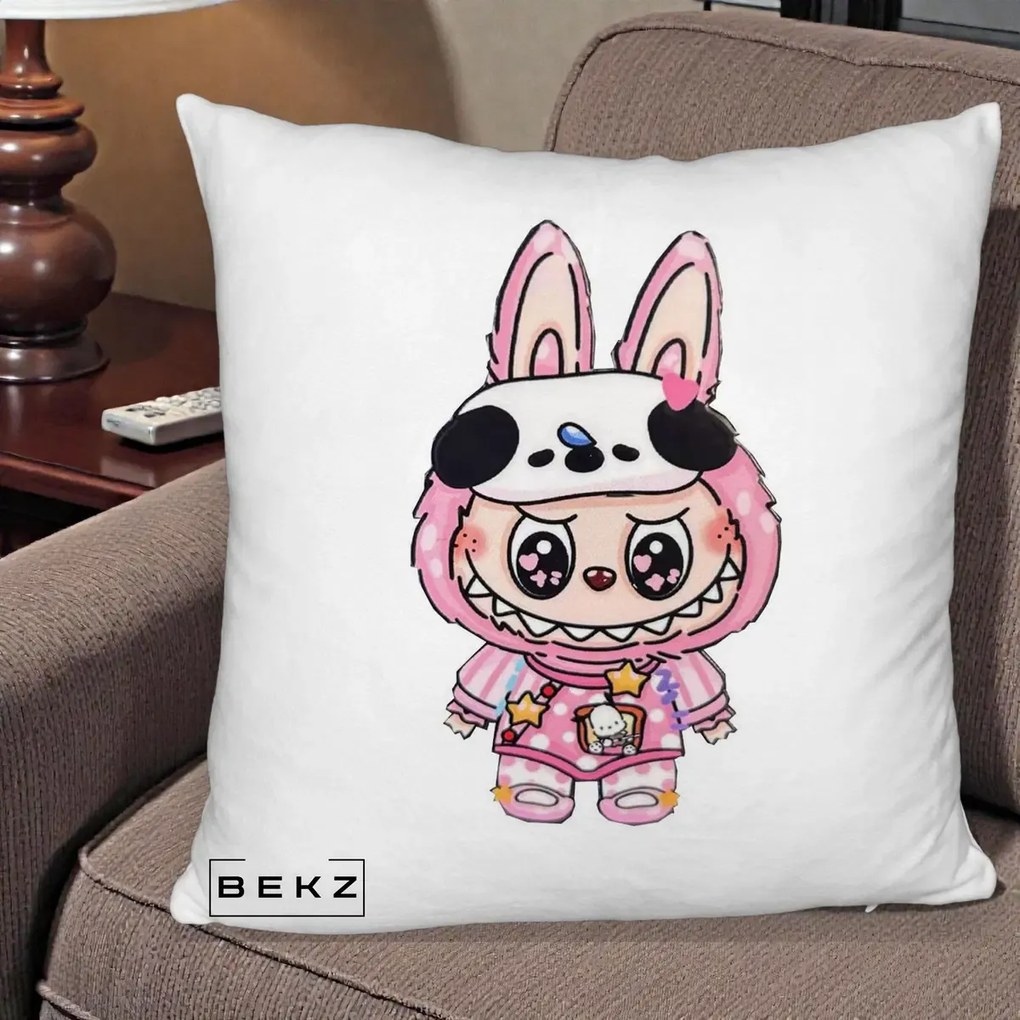 Perna Personalizata Labubu Panda-Bunny Roz, 40x40 cm, Alb Pufos, Husa Detasabila, Perna Inclusa, BEKZ®