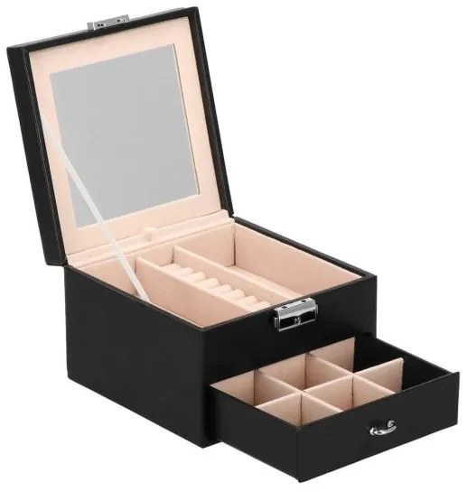 Cutie pentru bijuterii, catifea si piele ecologica, negru si roz, cu oglinda, 16x16x11 cm, Springos